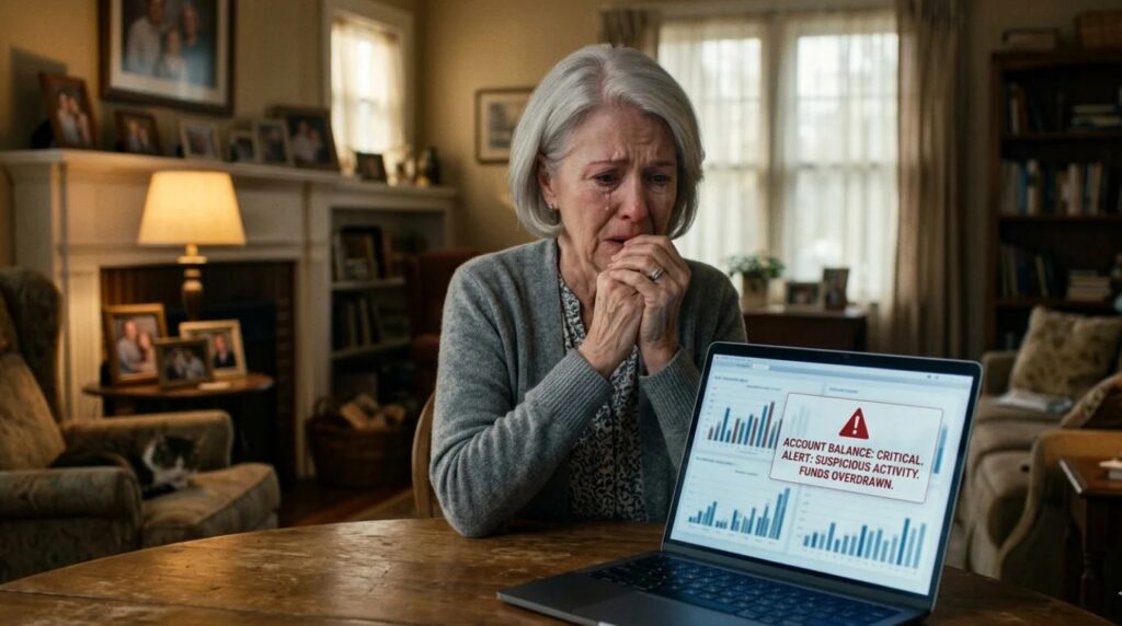 Senior woman crying looking at laptop screen showing financial identity theft scam