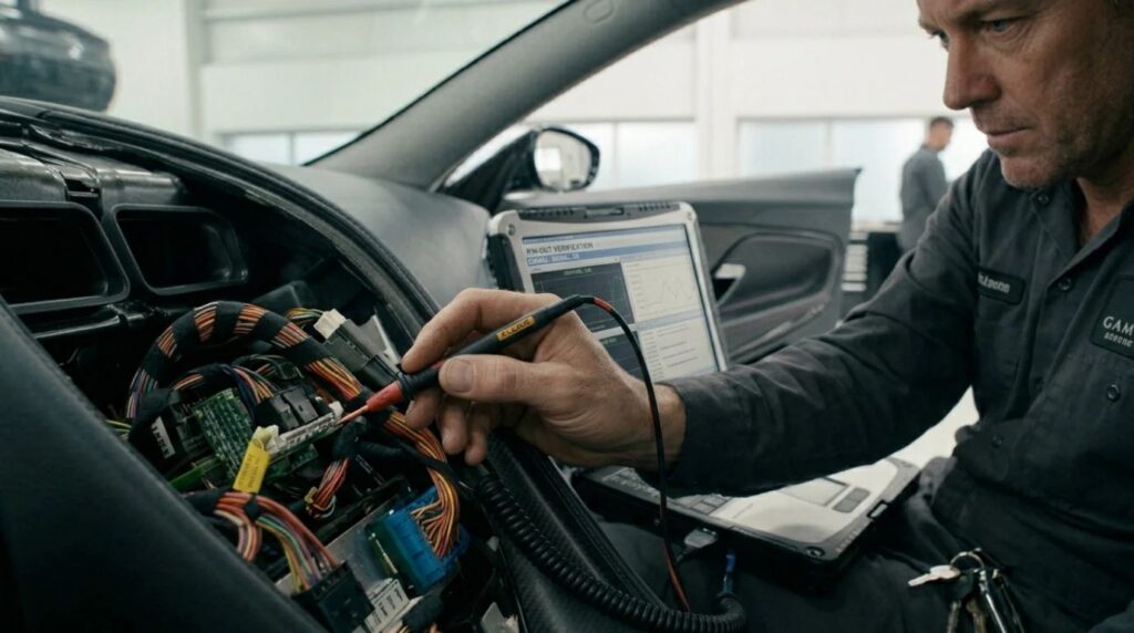 An automotive technician connecting a diagnostic laptop to an airbag control module inside a sports car dashboard