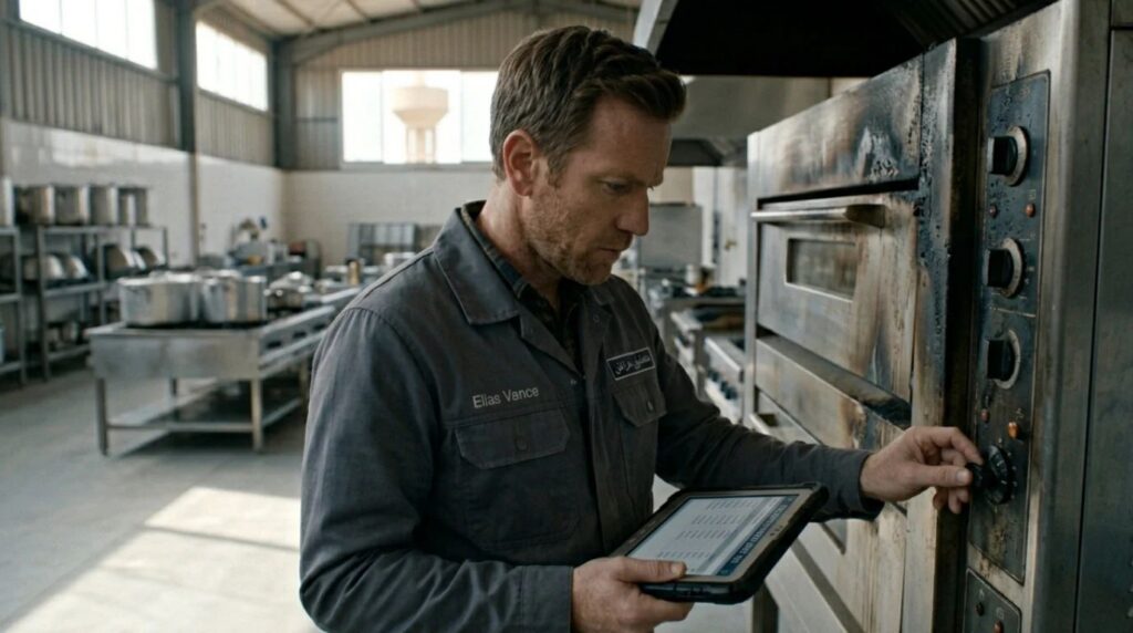 A high-fidelity cinematic film still of a fire safety adjuster examining the digital control screen of a burnt commercial industrial oven