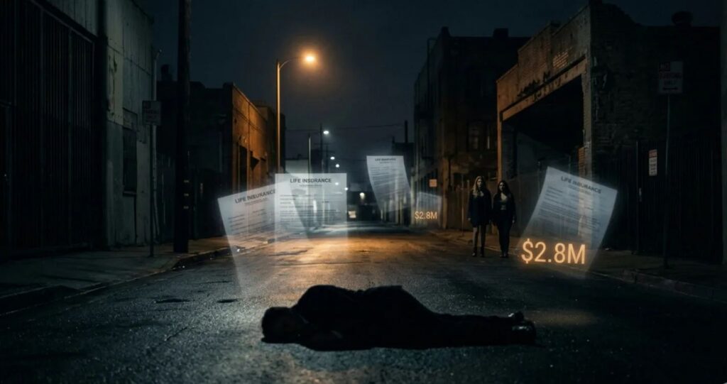 Life insurance fraud case scene showing staged accident at night with shadowed figures and $2.8M insurance policy concept