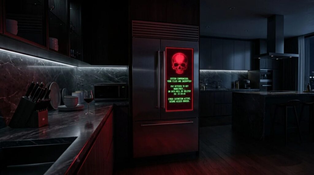 Smart refrigerator screen showing ransomware skull cyber attack in a modern home kitchen