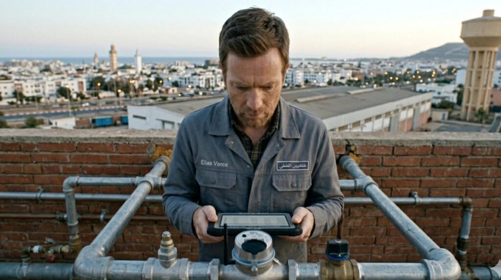 A high-fidelity cinematic film still of an insurance adjuster inspecting a commercial smart water meter panel outside a warehouse