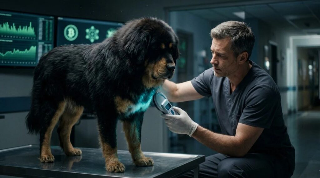 A veterinarian scanning a massive fluffy Tibetan Mastiff dog with a glowing blue handheld RFID microchip reader
