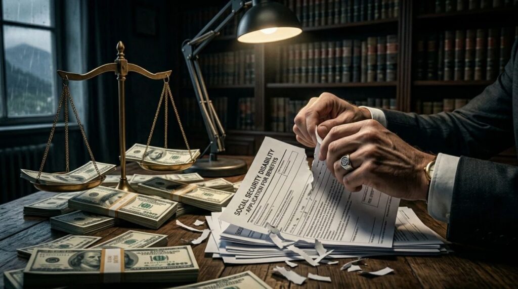 Close-up of legal documents and money representing the Eric Conn disability fraud investigation