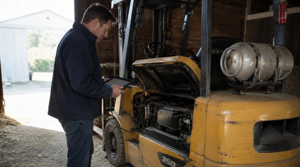 An insurance investigator checking the dashboard electronics of a yellow diesel forklift inside a dusty barn