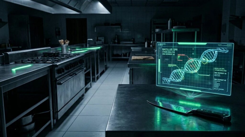 Luxury restaurant kitchen at night with green bacterial DNA symbols glowing on a steel table