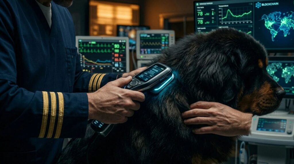 A veterinarian scanning a massive fluffy Tibetan Mastiff dog with a glowing blue handheld RFID microchip reader