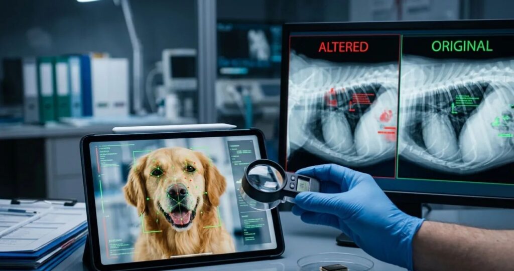 Forensic investigation of pet insurance fraud showing altered veterinary X-rays on a screen.