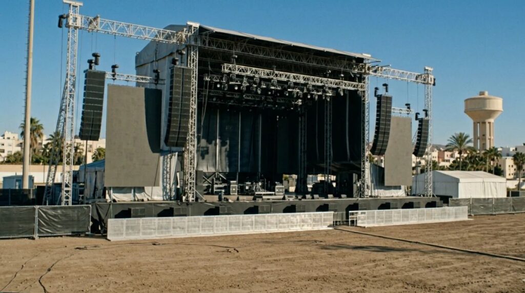 A high-fidelity cinematic film still of an insurance investigator examining an empty outdoor concert stage under a clear sky
