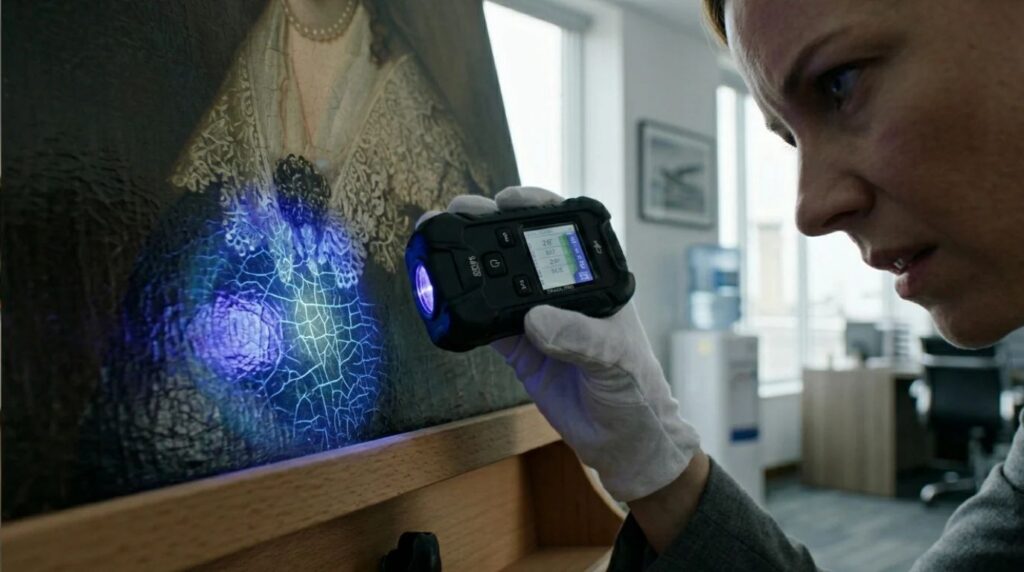 An art insurance surveyor using a digital UV flashlight to examine a painting canvas inside a gallery