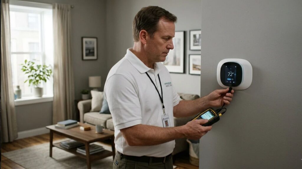 A forensic engineer inspecting the digital screen of a smart thermostat on a house wall