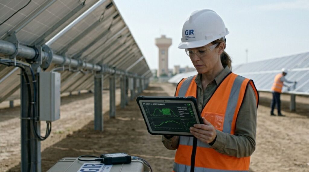 A renewable energy insurance adjuster checking data on a tablet next to a row of commercial solar panels