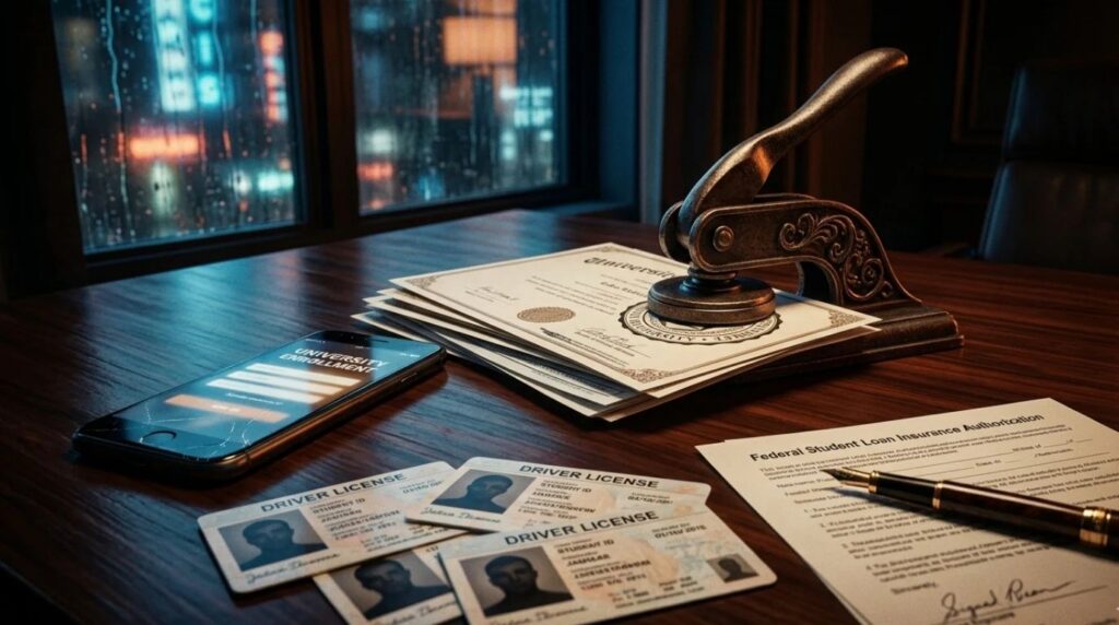 Ghost university website concept showing fake online education system used for student loan fraud investigations.
