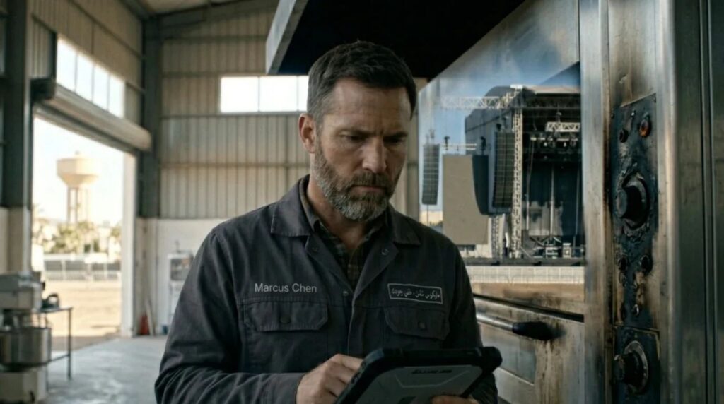 A high-fidelity cinematic film still of a fire safety adjuster examining the digital control screen of a burnt commercial industrial oven