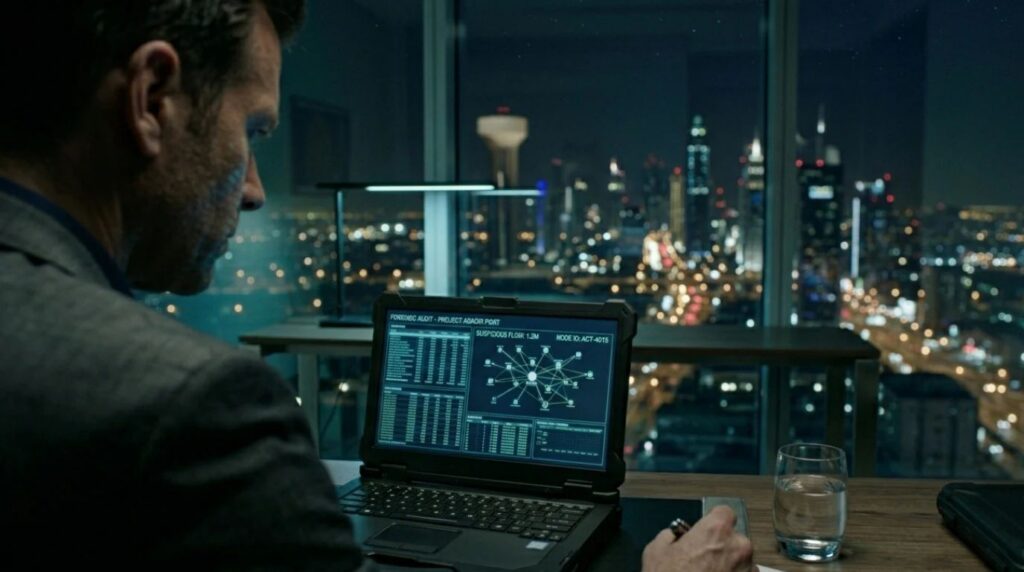 A cinematic film still of a forensic accountant analyzing financial fraud data on a laptop late at night