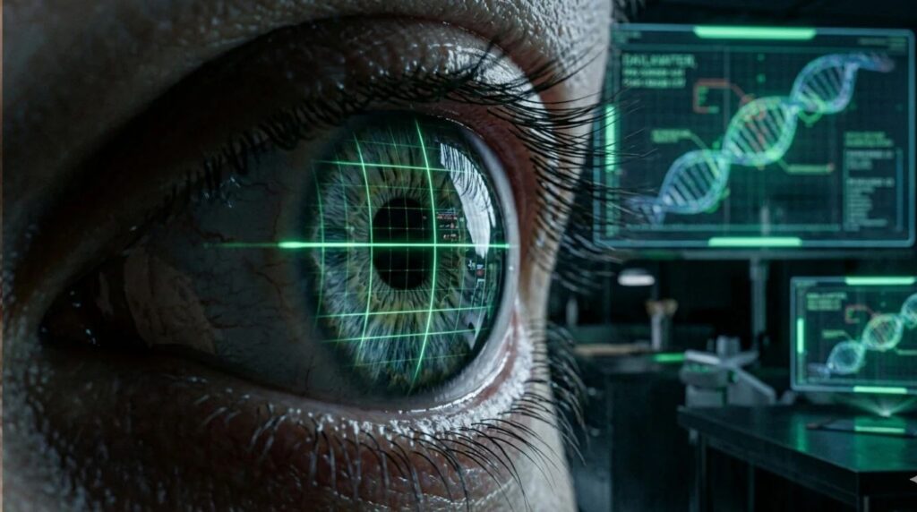 Close up of a human eye under a green laser scanner grid inside a forensic laboratory
