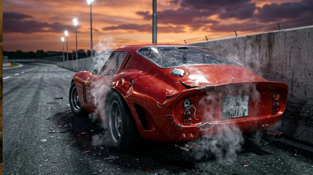 Red vintage Ferrari sportscar crashed into a concrete track wall with carbon fiber damage