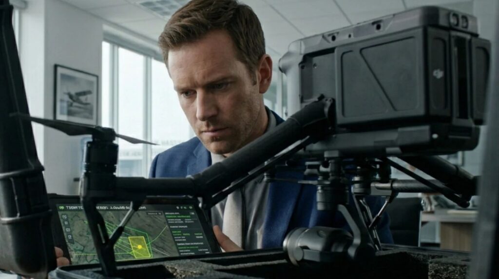 A drone technician checking flight telemetry logs on a digital tablet next to a cinematic drone equipment case