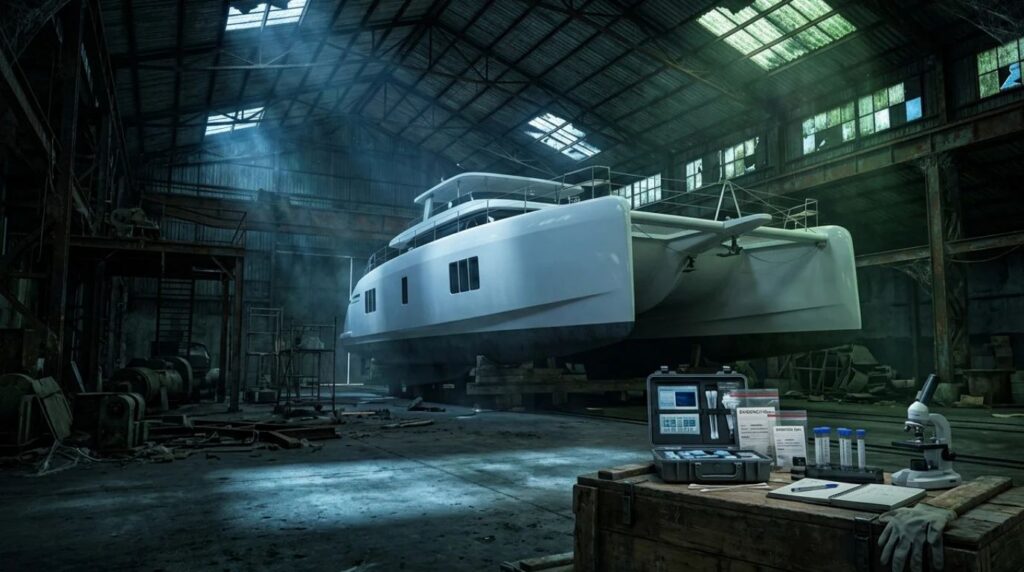 Luxury white yacht hidden inside a dark covered drydock warehouse with green lighting