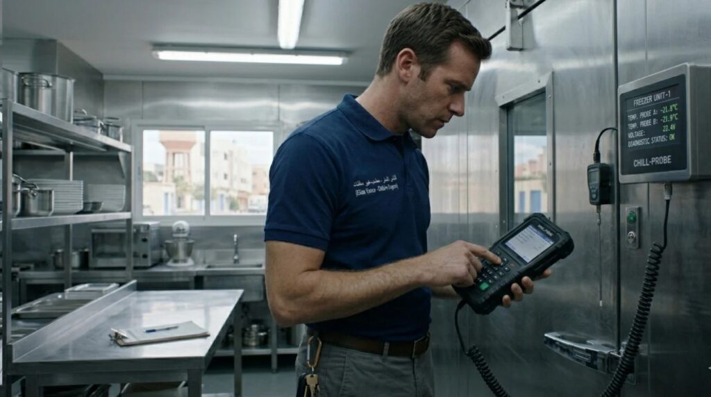 A commercial insurance inspector checking the digital sensor panel of a walk-in freezer in a restaurant kitchen