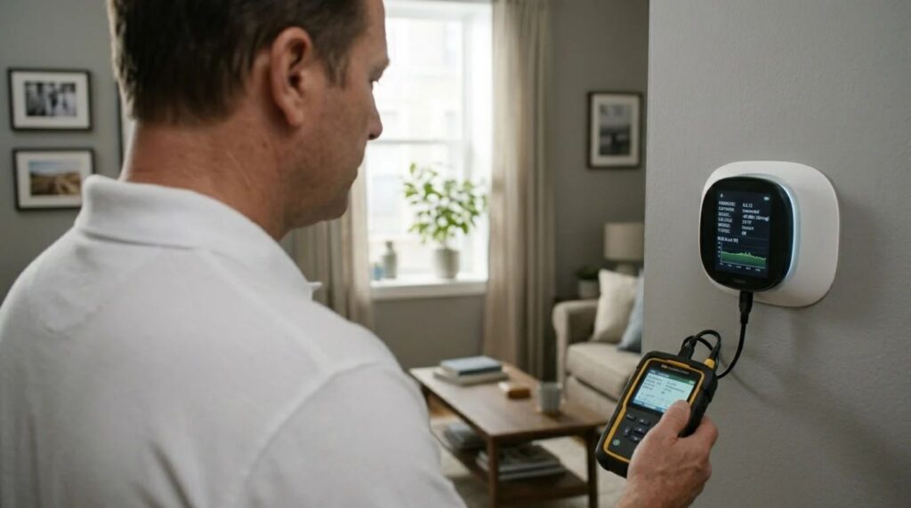 A forensic engineer inspecting the digital screen of a smart thermostat on a house wall