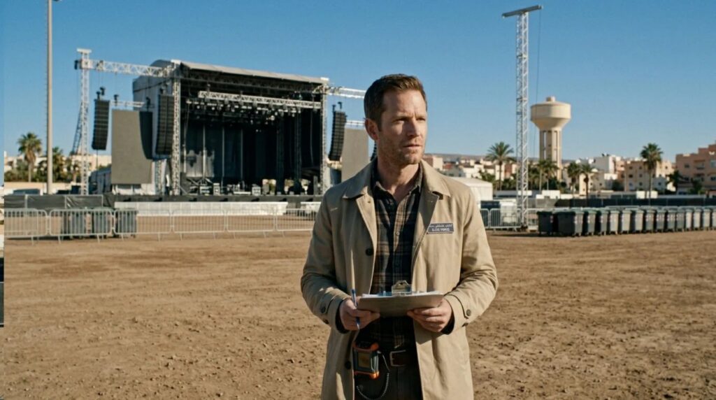 A high-fidelity cinematic film still of an insurance investigator examining an empty outdoor concert stage under a clear sky