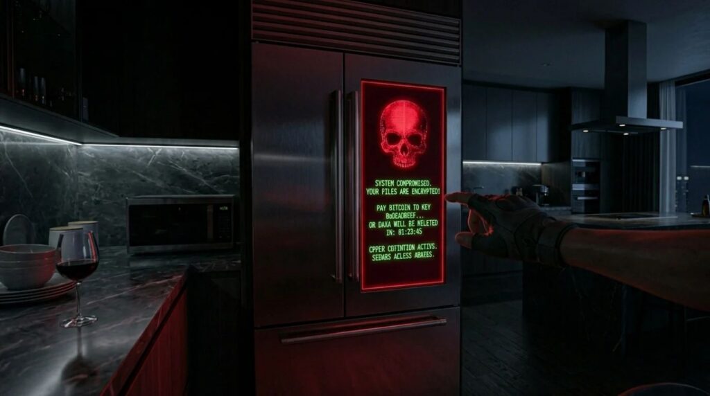 Smart refrigerator screen showing ransomware skull cyber attack in a modern home kitchen