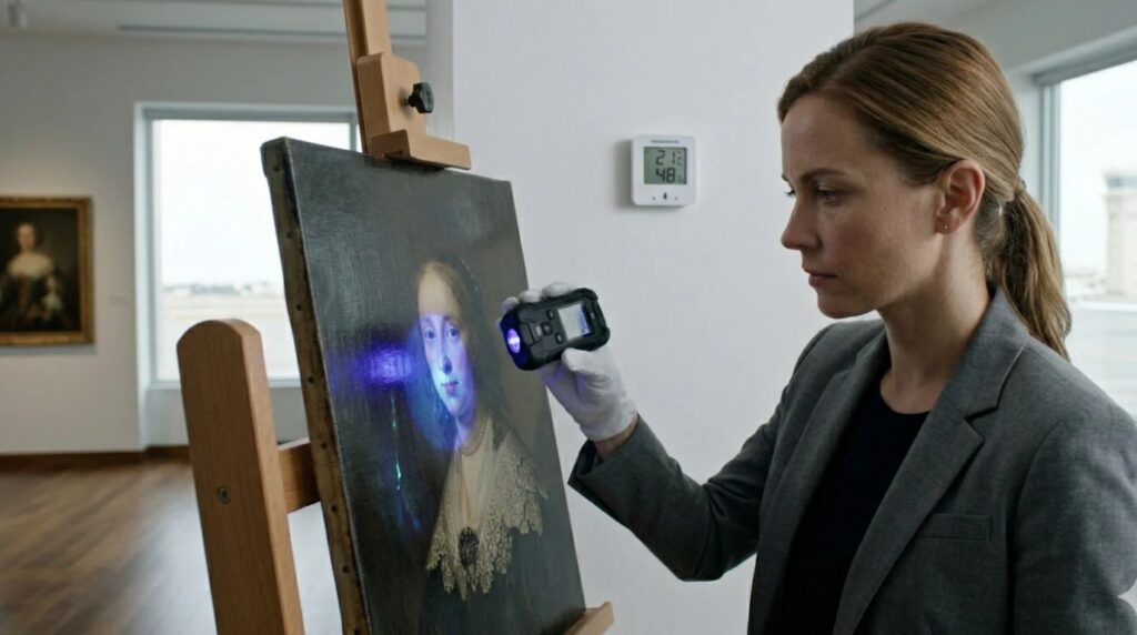 An art insurance surveyor using a digital UV flashlight to examine a painting canvas inside a gallery