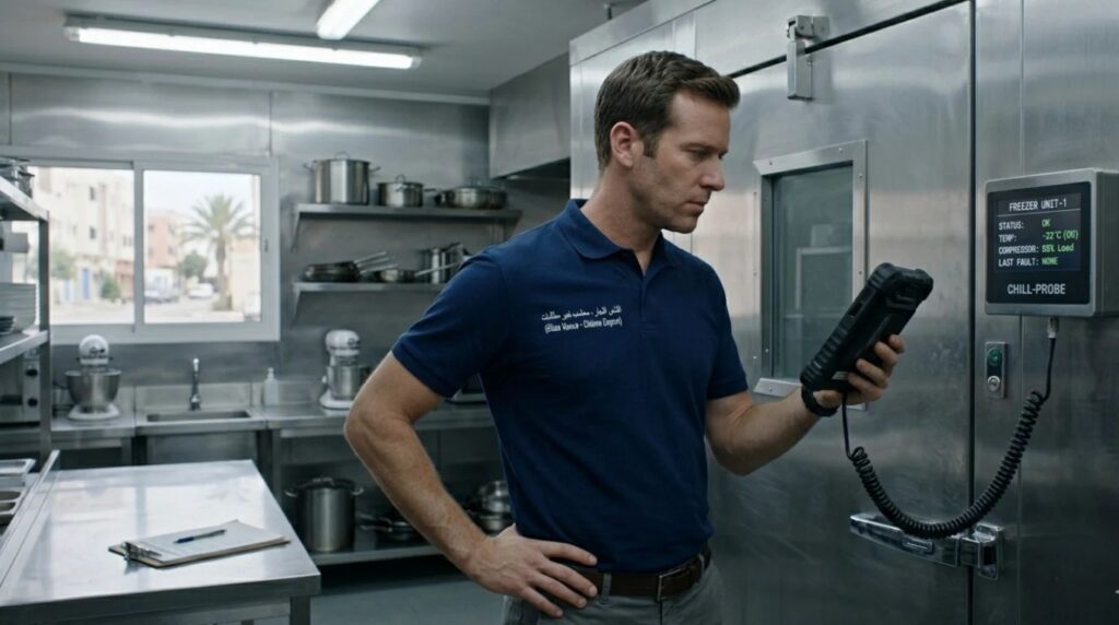 A commercial insurance inspector checking the digital sensor panel of a walk-in freezer in a restaurant kitchen