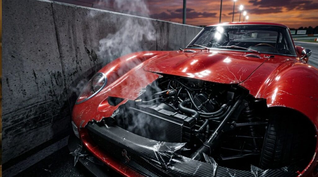 Red vintage Ferrari sportscar crashed into a concrete track wall with carbon fiber damage