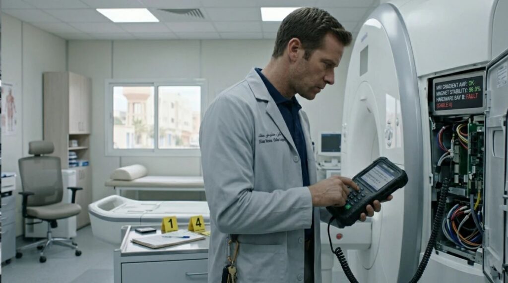 A medical equipment insurance specialist checking the internal diagnostic hard drive of a large white MRI machine