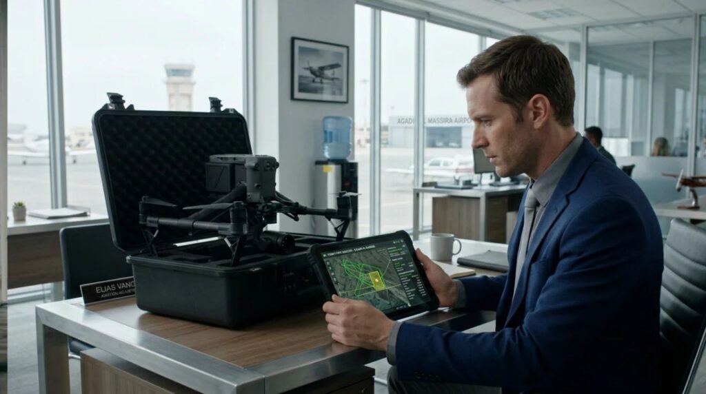 A drone technician checking flight telemetry logs on a digital tablet next to a cinematic drone equipment case