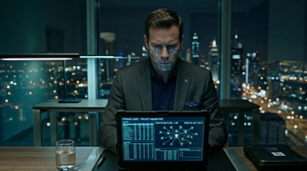A cinematic film still of a forensic accountant analyzing financial fraud data on a laptop late at night