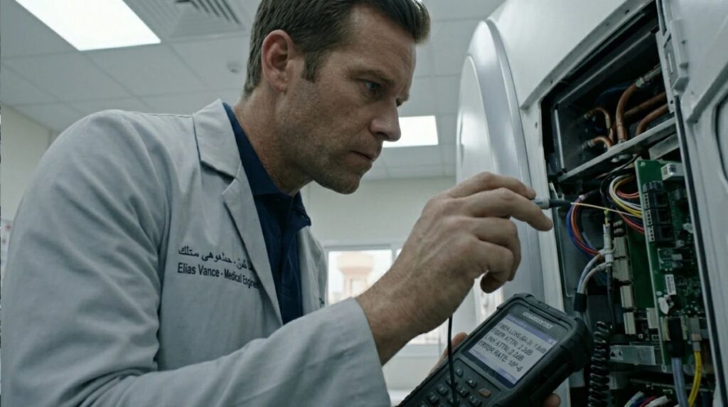A medical equipment insurance specialist checking the internal diagnostic hard drive of a large white MRI machine