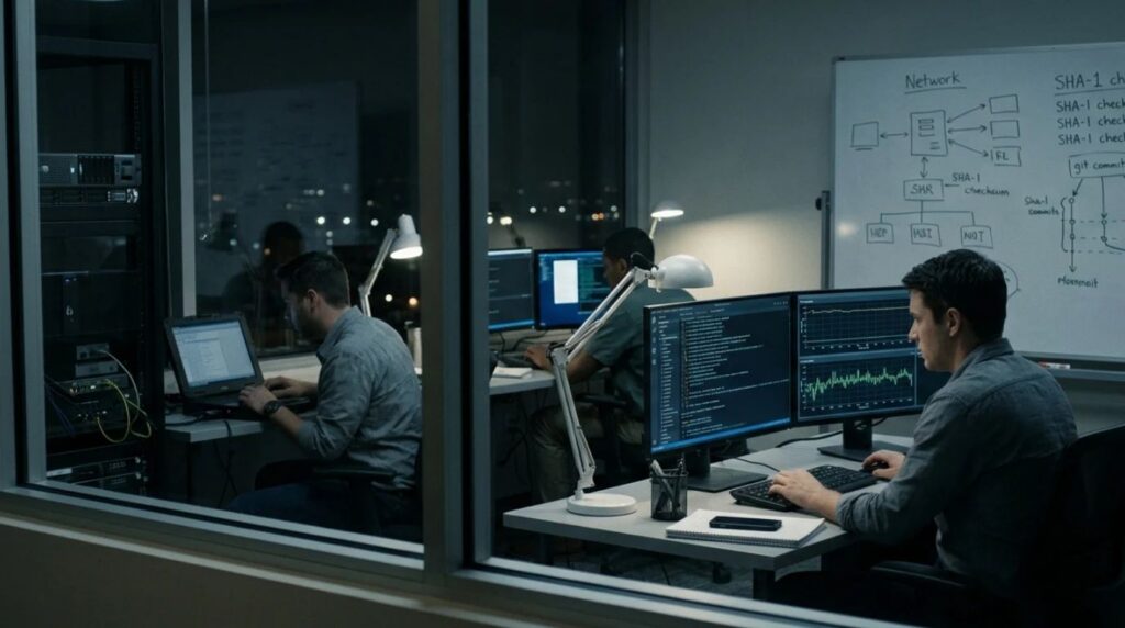 A high-fidelity cinematic film still of a female digital forensics expert auditing software repository codes late at night